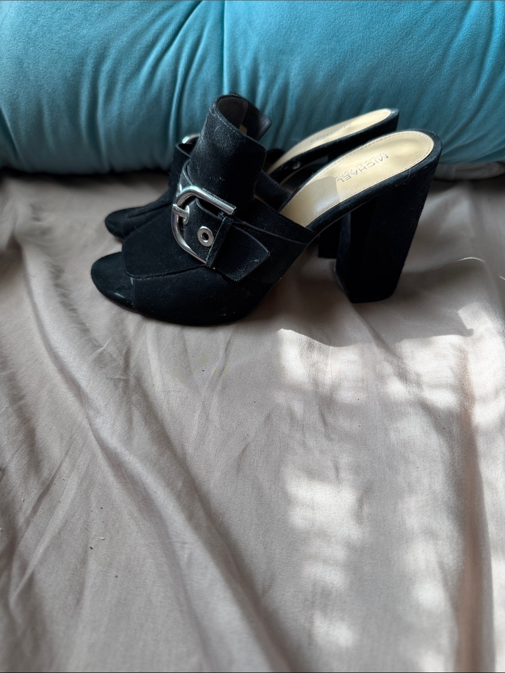 Michael Kors Black Suede Buckle Block Heel Mules